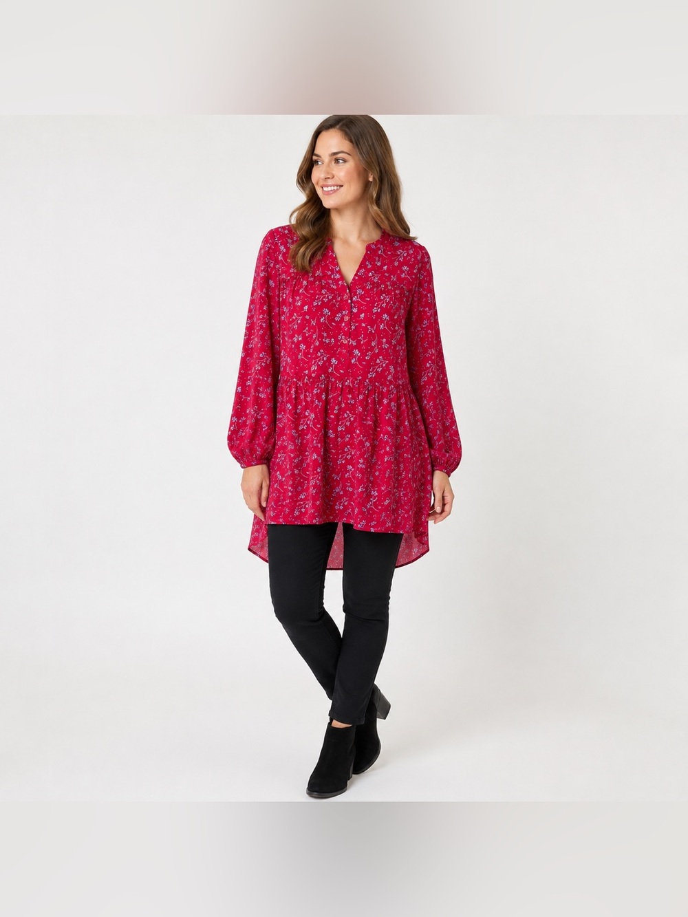 The Pioneer Woman Tunic Top L Red Floral Tiered High Low Boho Cottagecore